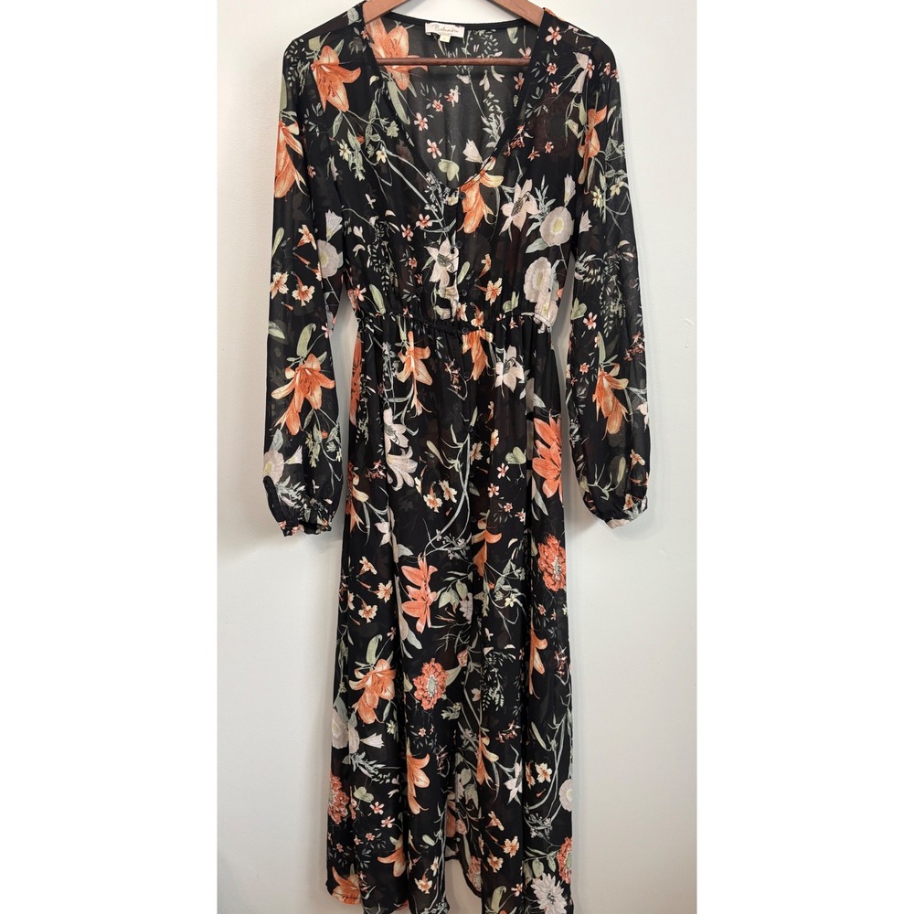 Bellambra Black Floral Sheer‎ Maxi Dress Sz L Button Front V Neck Made in Italy